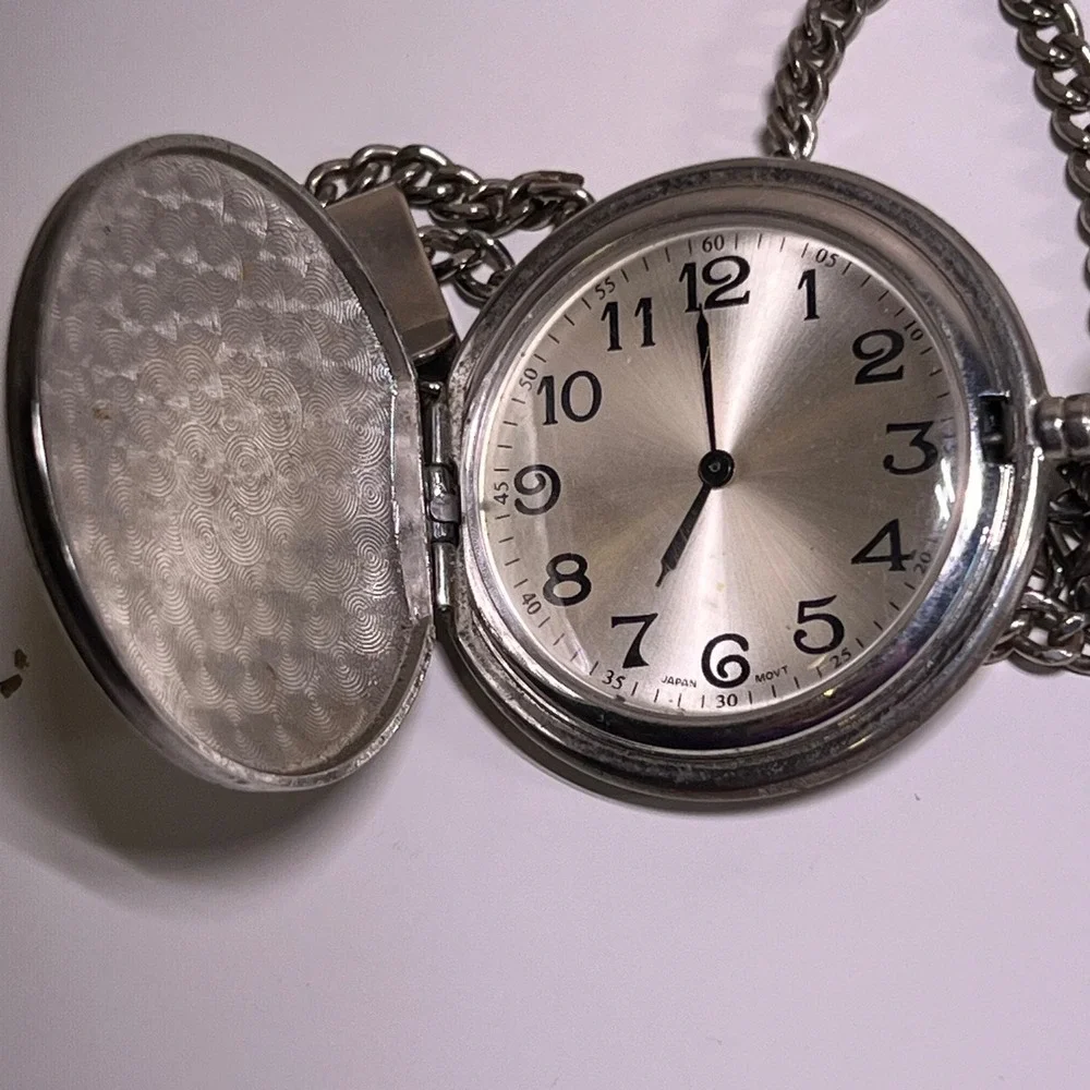 Vintage Deer Wildlife Pocket Watch Silver Tone 49mm Hunter Case Chain Untested